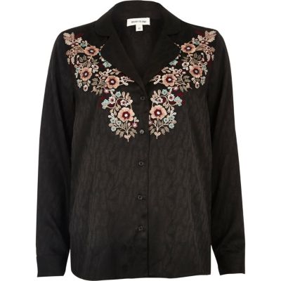 Black jacquard shirt with floral embroidery